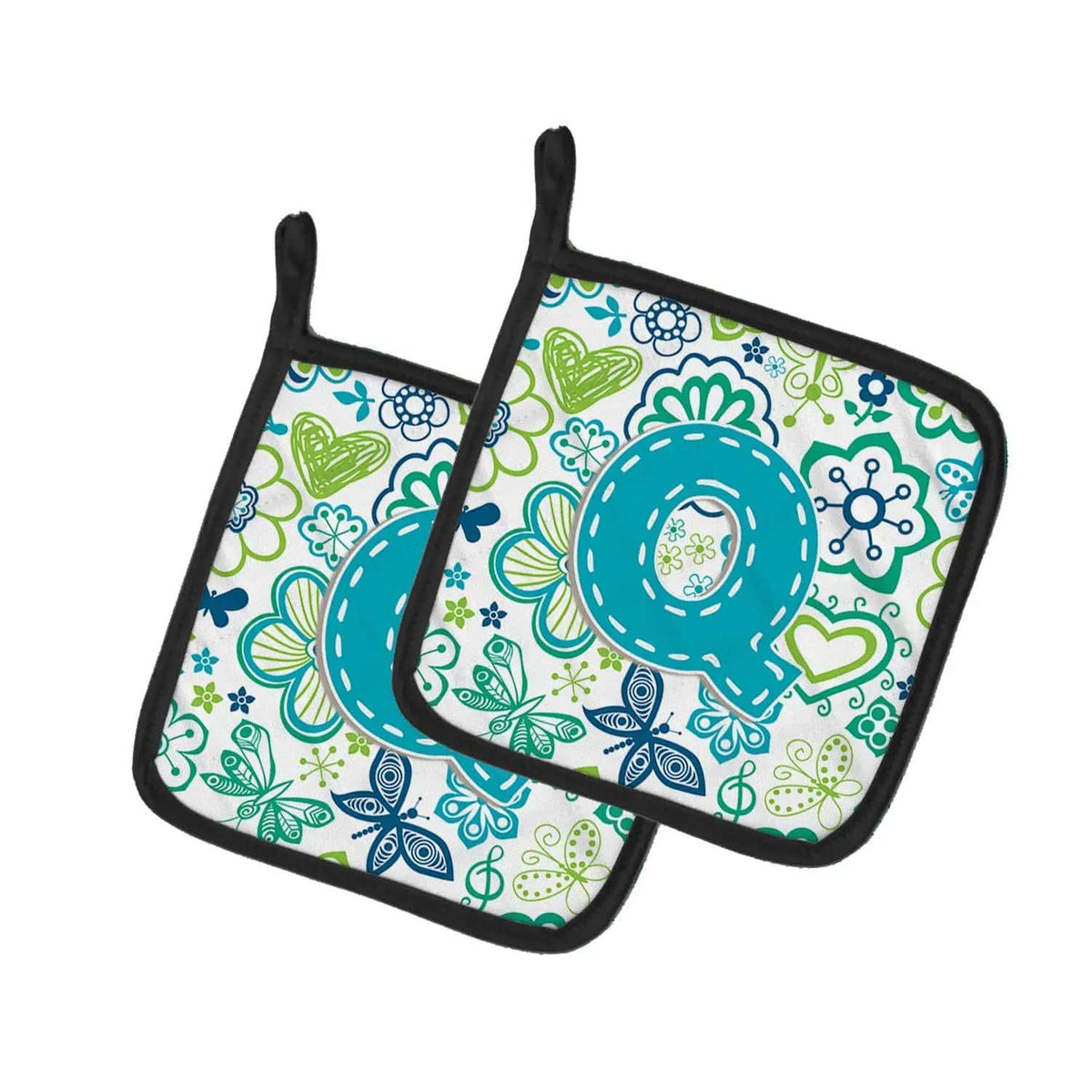 Pot Holder Set of 2 | Heat Resistant Quilted Hot Pads | 7.5 x 7.5 Inch | Letter Q Flowers and Butterflies Teal Blue