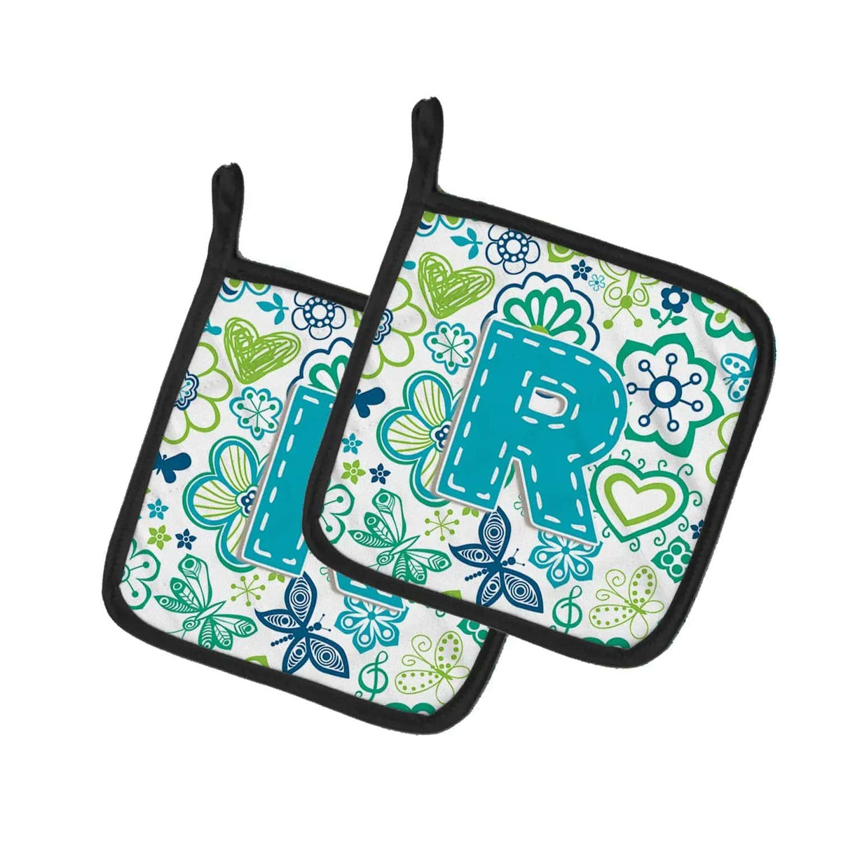 Pot Holder Set of 2 | Heat Resistant Quilted Hot Pads | 7.5 x 7.5 Inch | Letter R Flowers and Butterflies Teal Blue