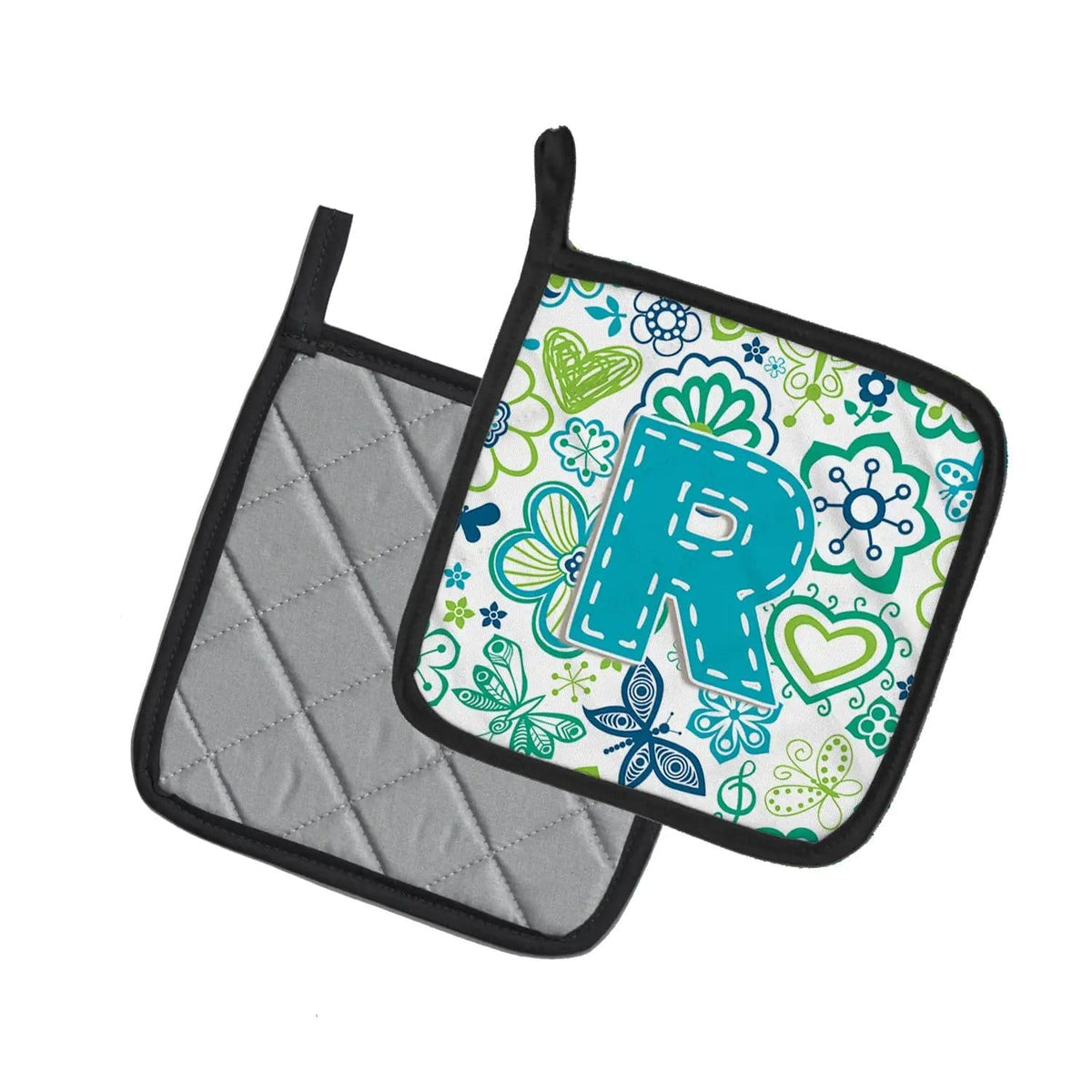 Pot Holder Set of 2 | Heat Resistant Quilted Hot Pads | 7.5 x 7.5 Inch | Letter R Flowers and Butterflies Teal Blue