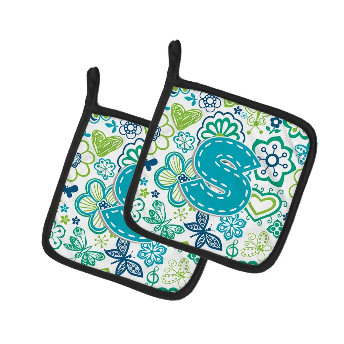 Pot Holder Set of 2 | Heat Resistant Quilted Hot Pads | 7.5 x 7.5 Inch | Letter S Flowers and Butterflies Teal Blue