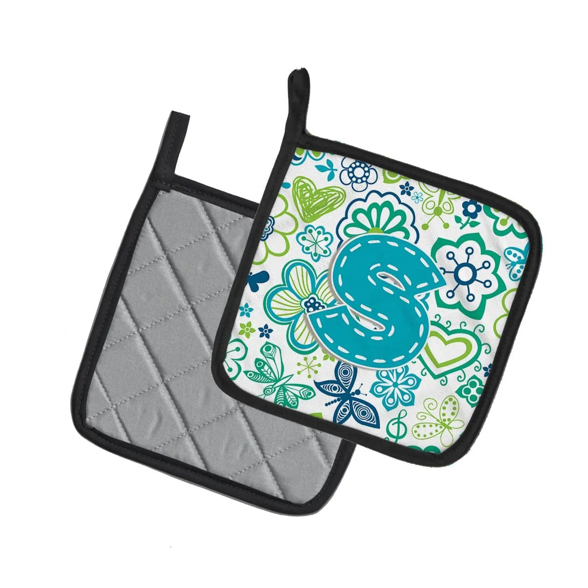 Pot Holder Set of 2 | Heat Resistant Quilted Hot Pads | 7.5 x 7.5 Inch | Letter S Flowers and Butterflies Teal Blue