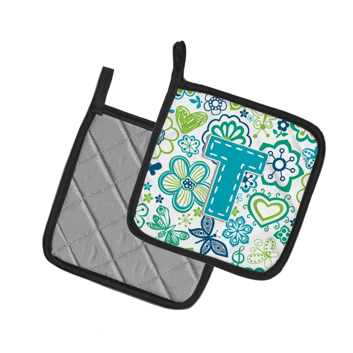 Pot Holder Set of 2 | Heat Resistant Quilted Hot Pads | 7.5 x 7.5 Inch | Letter T Flowers and Butterflies Teal Blue