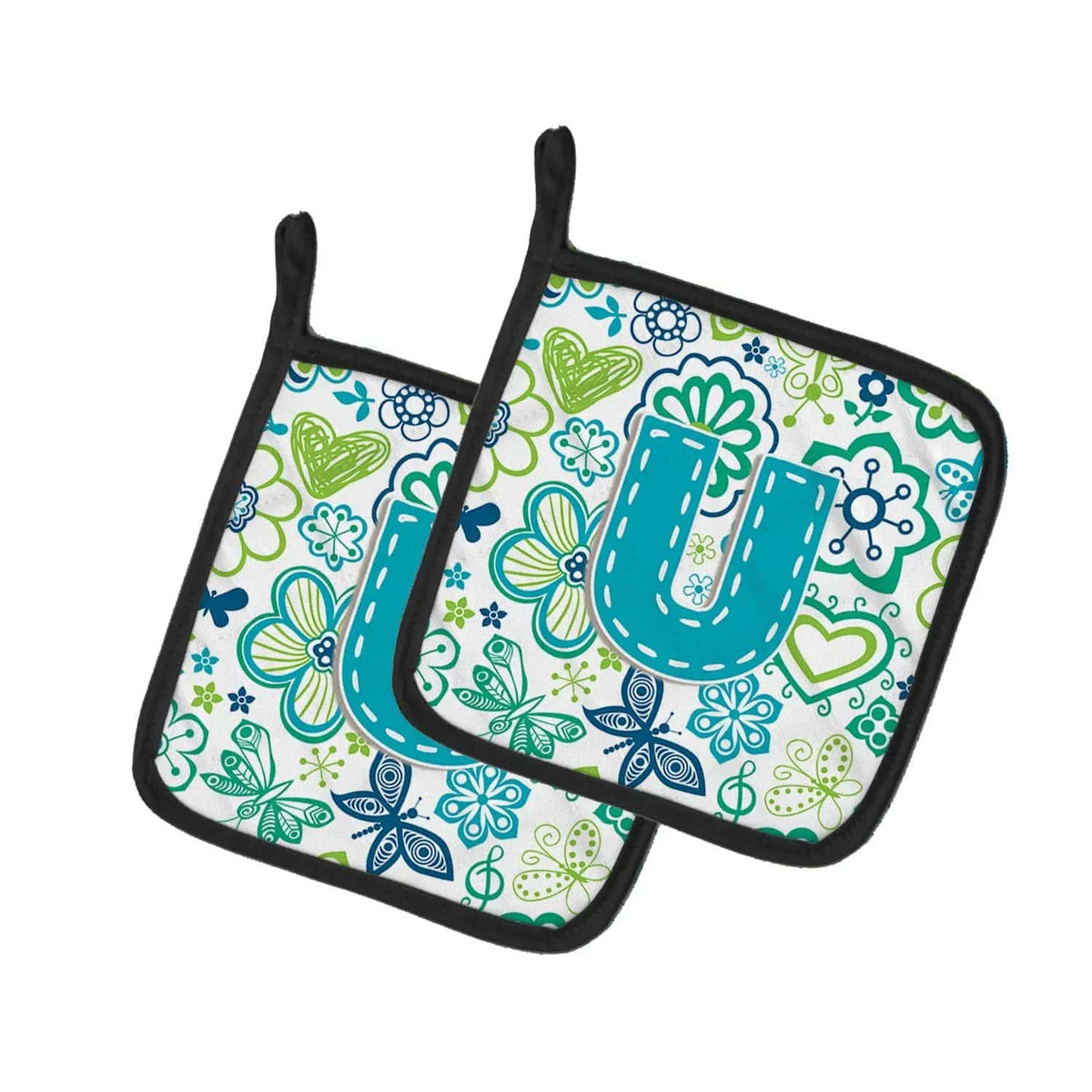 Pot Holder Set of 2 | Heat Resistant Quilted Hot Pads | 7.5 x 7.5 Inch | Letter U Flowers and Butterflies Teal Blue