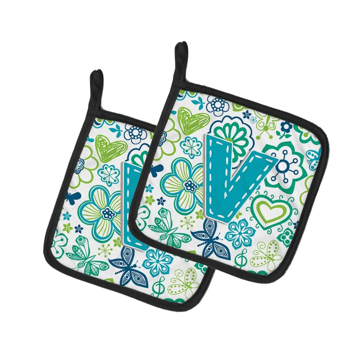 Pot Holder Set of 2 | Heat Resistant Quilted Hot Pads | 7.5 x 7.5 Inch | Letter V Flowers and Butterflies Teal Blue