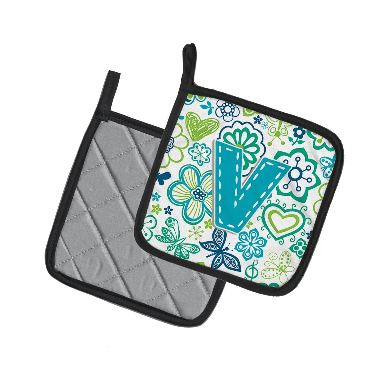 Pot Holder Set of 2 | Heat Resistant Quilted Hot Pads | 7.5 x 7.5 Inch | Letter V Flowers and Butterflies Teal Blue