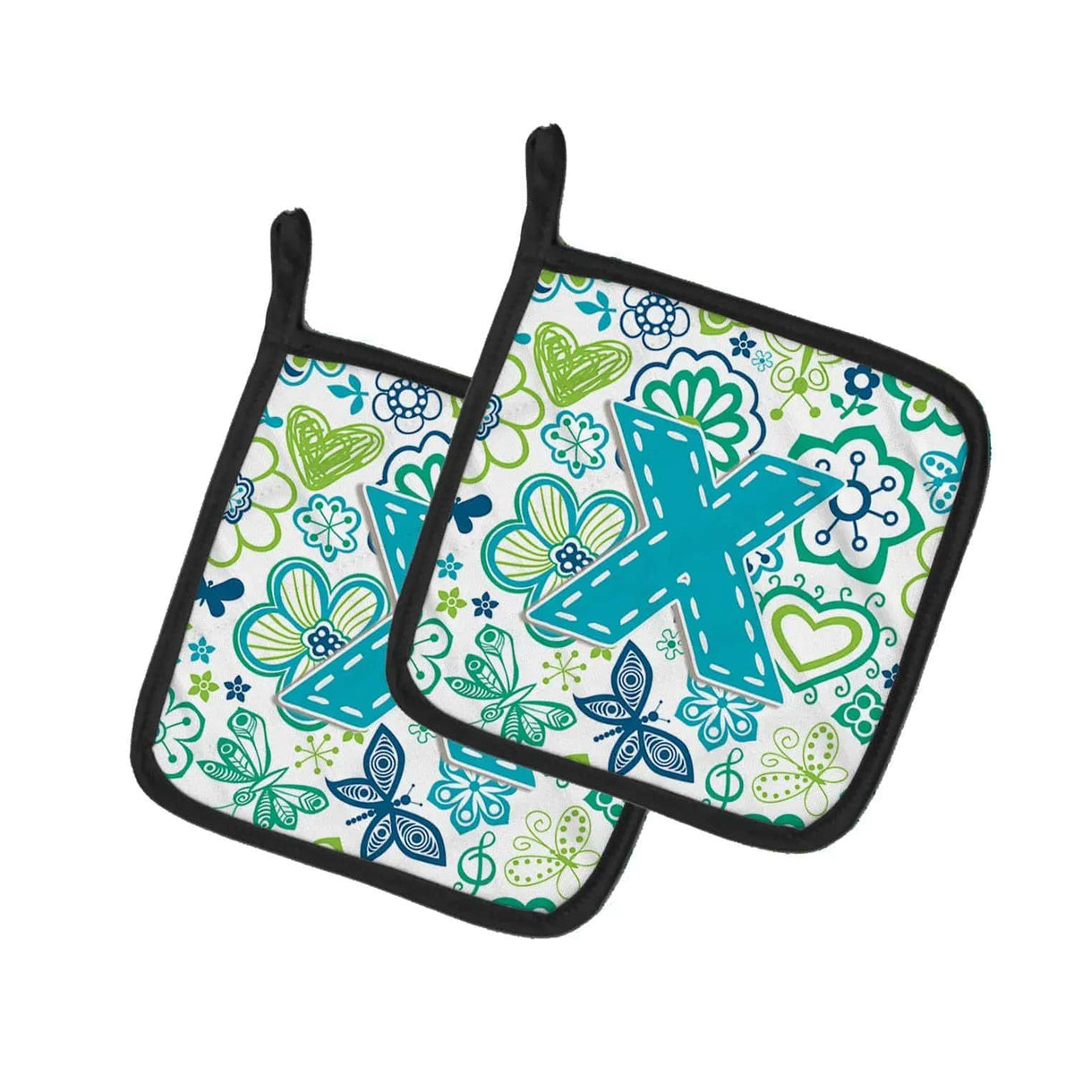 Pot Holder Set of 2 | Heat Resistant Quilted Hot Pads | 7.5 x 7.5 Inch | Letter X Flowers and Butterflies Teal Blue