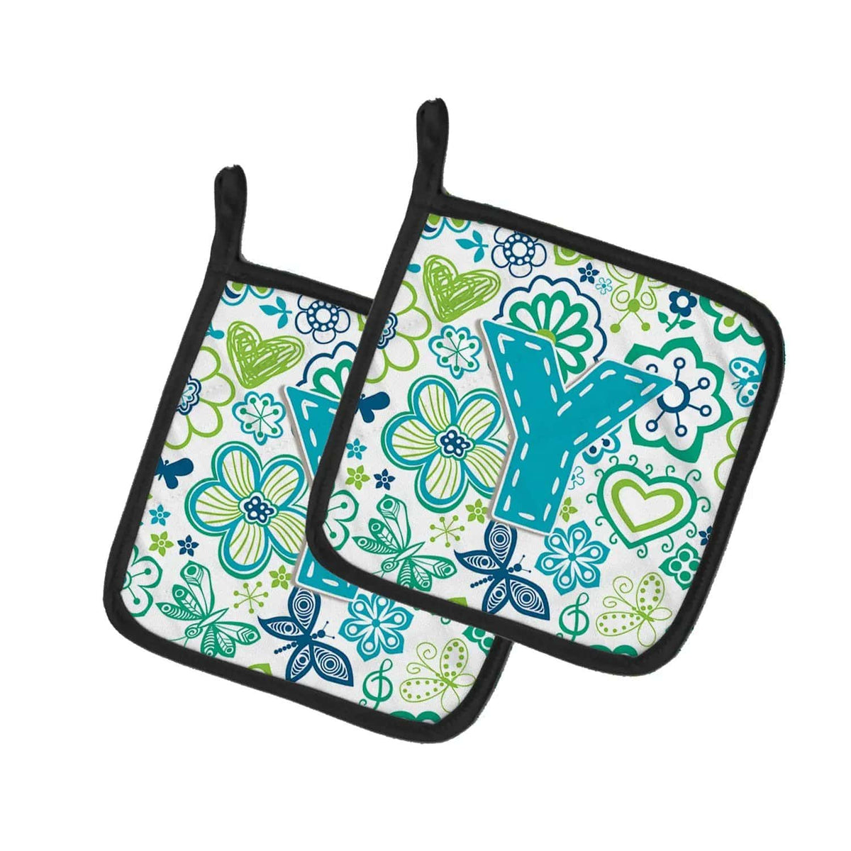Pot Holder Set of 2 | Heat Resistant Quilted Hot Pads | 7.5 x 7.5 Inch | Letter Y Flowers and Butterflies Teal Blue