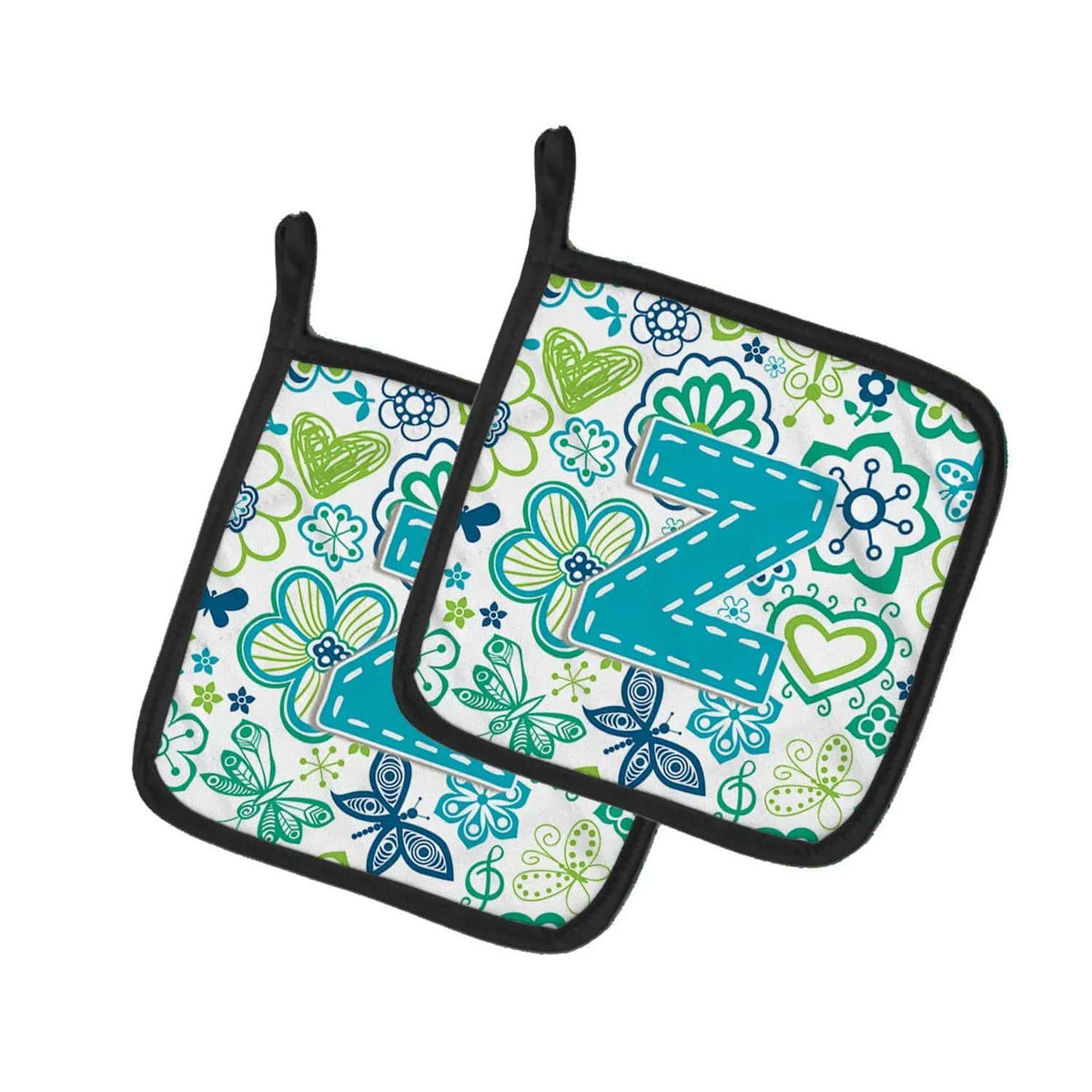 Pot Holder Set of 2 | Heat Resistant Quilted Hot Pads | 7.5 x 7.5 Inch | Letter Z Flowers and Butterflies Teal Blue