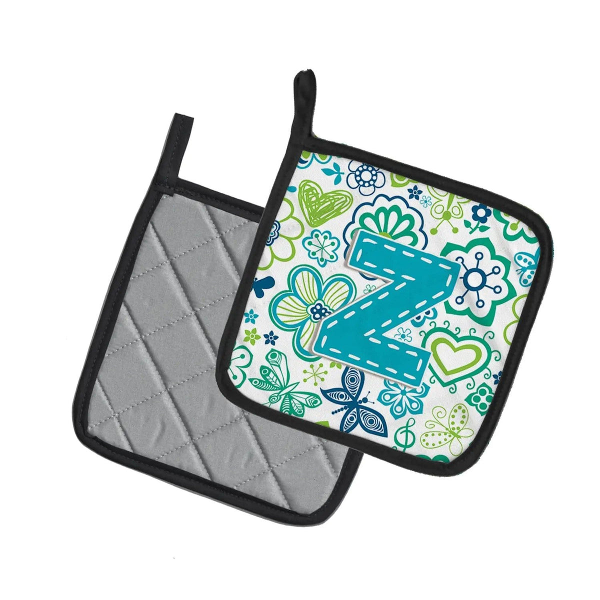 Pot Holder Set of 2 | Heat Resistant Quilted Hot Pads | 7.5 x 7.5 Inch | Letter Z Flowers and Butterflies Teal Blue