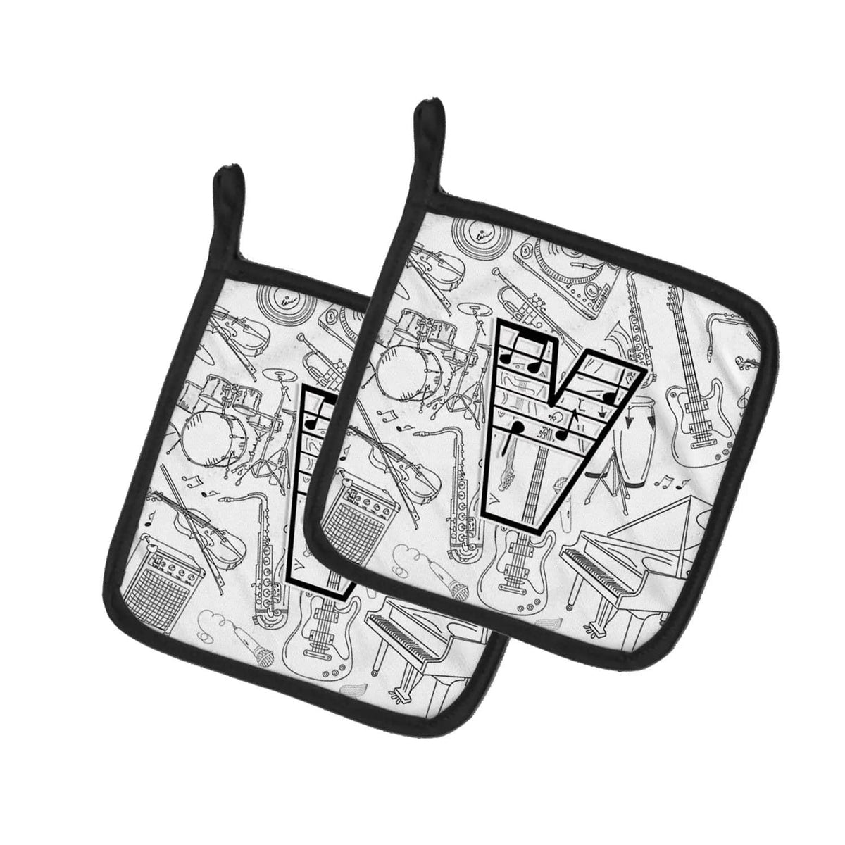 Pot Holder Set of 2 | Heat Resistant Quilted Hot Pads | 7.5 x 7.5 Inch | Letter V Musical Note Letters