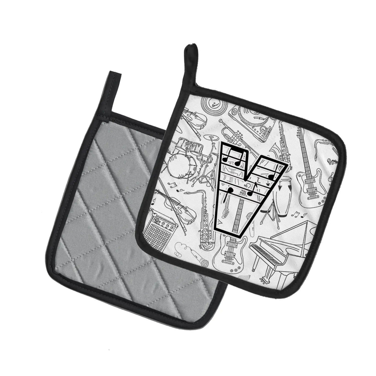 Pot Holder Set of 2 | Heat Resistant Quilted Hot Pads | 7.5 x 7.5 Inch | Letter V Musical Note Letters