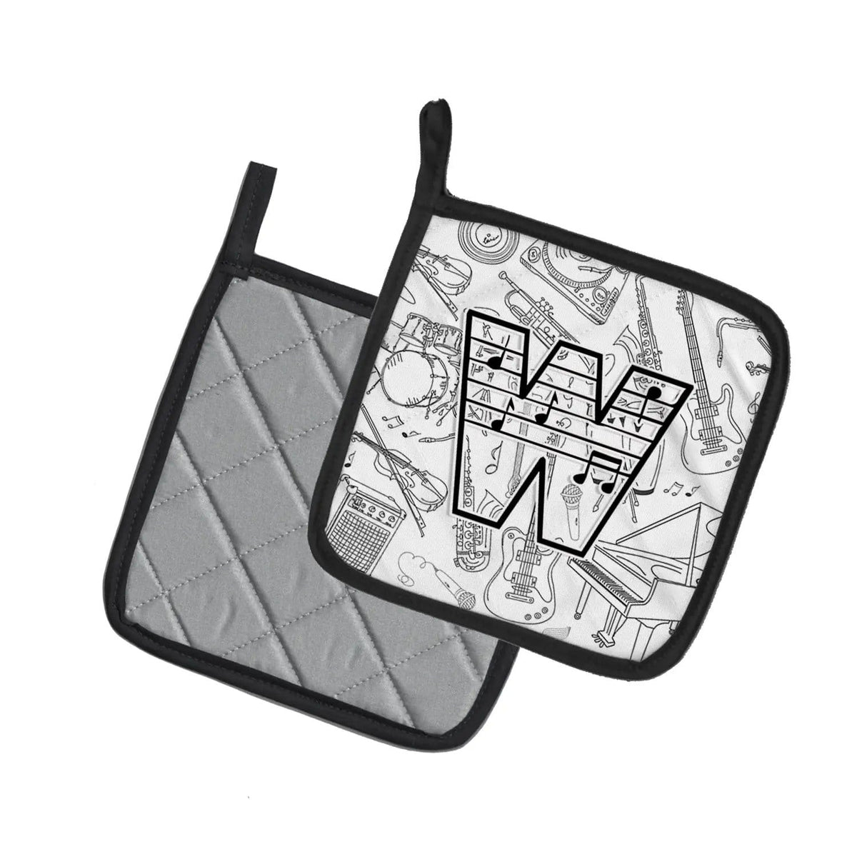 Pot Holder Set of 2 | Heat Resistant Quilted Hot Pads | 7.5 x 7.5 Inch | Letter W Musical Note Letters