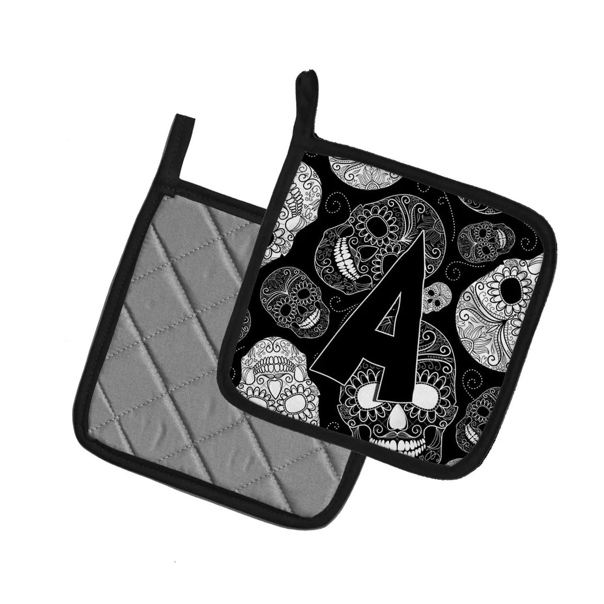 Pot Holder Set of 2 | Heat Resistant Quilted Hot Pads | 7.5 x 7.5 Inch | Letter A Day of the Dead Skulls Black