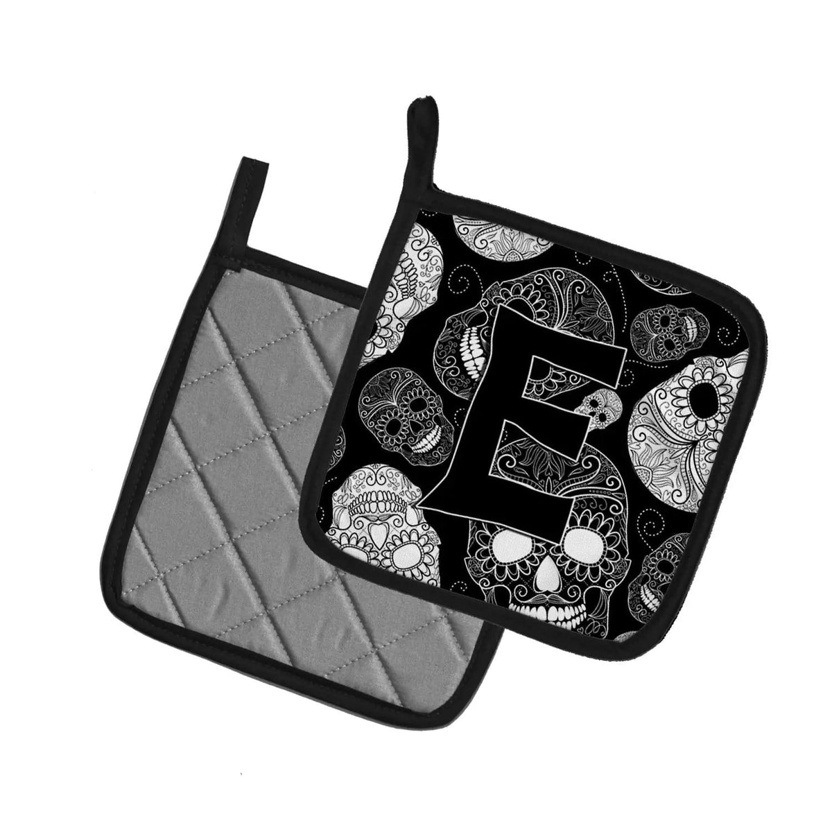 Pot Holder Set of 2 | Heat Resistant Quilted Hot Pads | 7.5 x 7.5 Inch | Letter E Day of the Dead Skulls Black