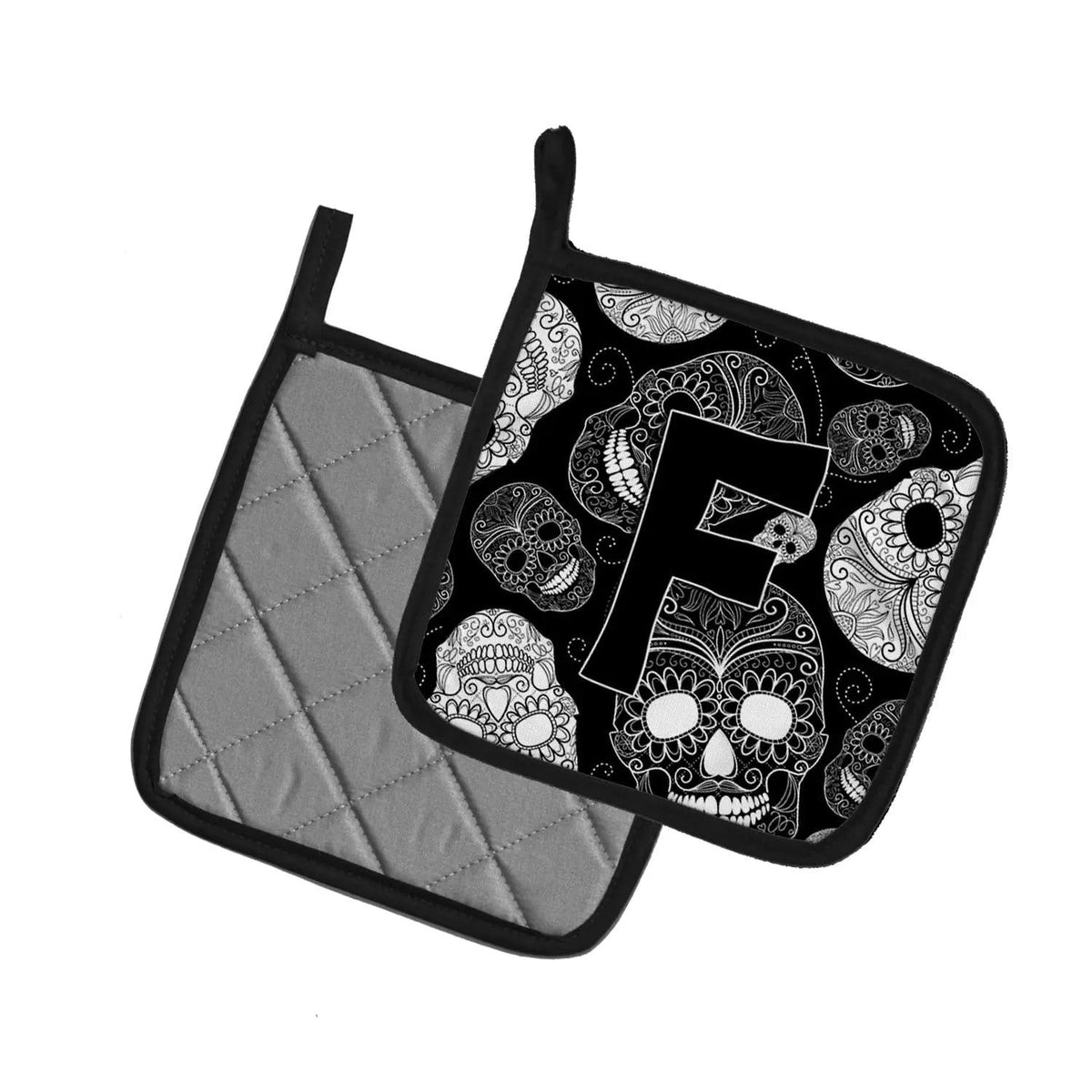 Pot Holder Set of 2 | Heat Resistant Quilted Hot Pads | 7.5 x 7.5 Inch | Letter F Day of the Dead Skulls Black