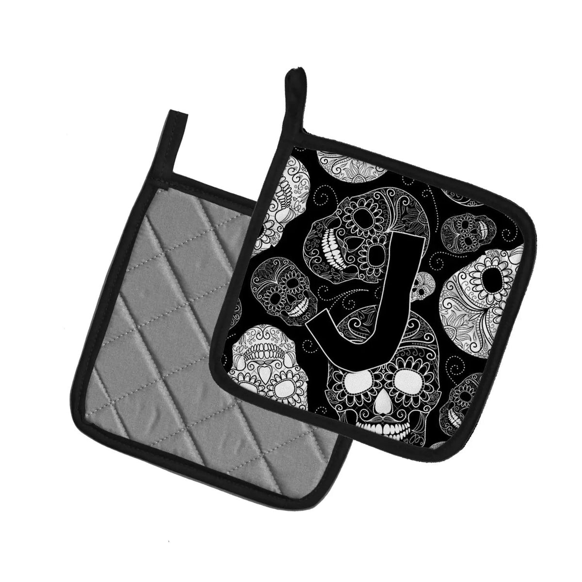 Pot Holder Set of 2 | Heat Resistant Quilted Hot Pads | 7.5 x 7.5 Inch | Letter J Day of the Dead Skulls Black