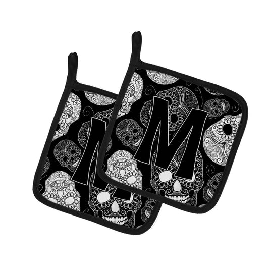 Pot Holder Set of 2 | Heat Resistant Quilted Hot Pads | 7.5 x 7.5 Inch | Letter M Day of the Dead Skulls Black