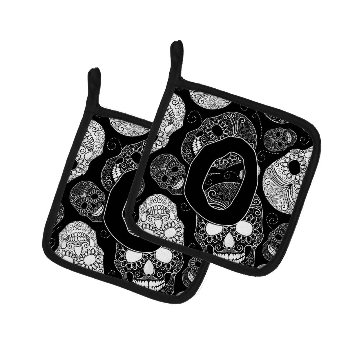 Pot Holder Set of 2 | Heat Resistant Quilted Hot Pads | 7.5 x 7.5 Inch | Letter O Day of the Dead Skulls Black