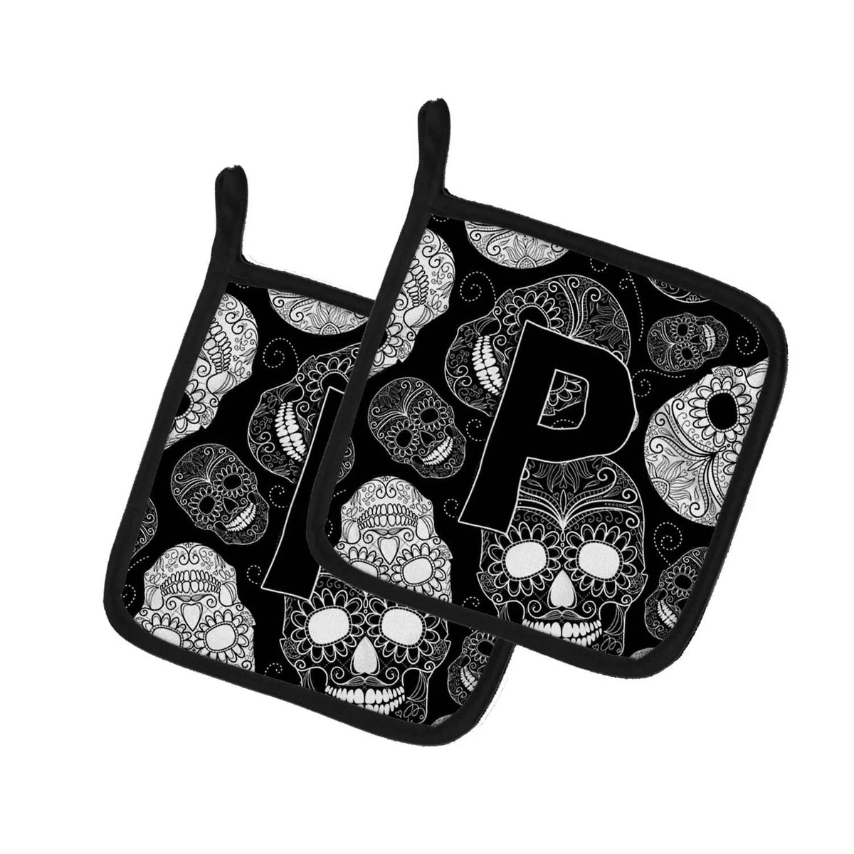Pot Holder Set of 2 | Heat Resistant Quilted Hot Pads | 7.5 x 7.5 Inch | Letter P Day of the Dead Skulls Black