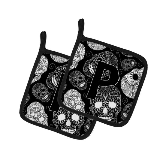 Pot Holder Set of 2 | Heat Resistant Quilted Hot Pads | 7.5 x 7.5 Inch | Letter P Day of the Dead Skulls Black