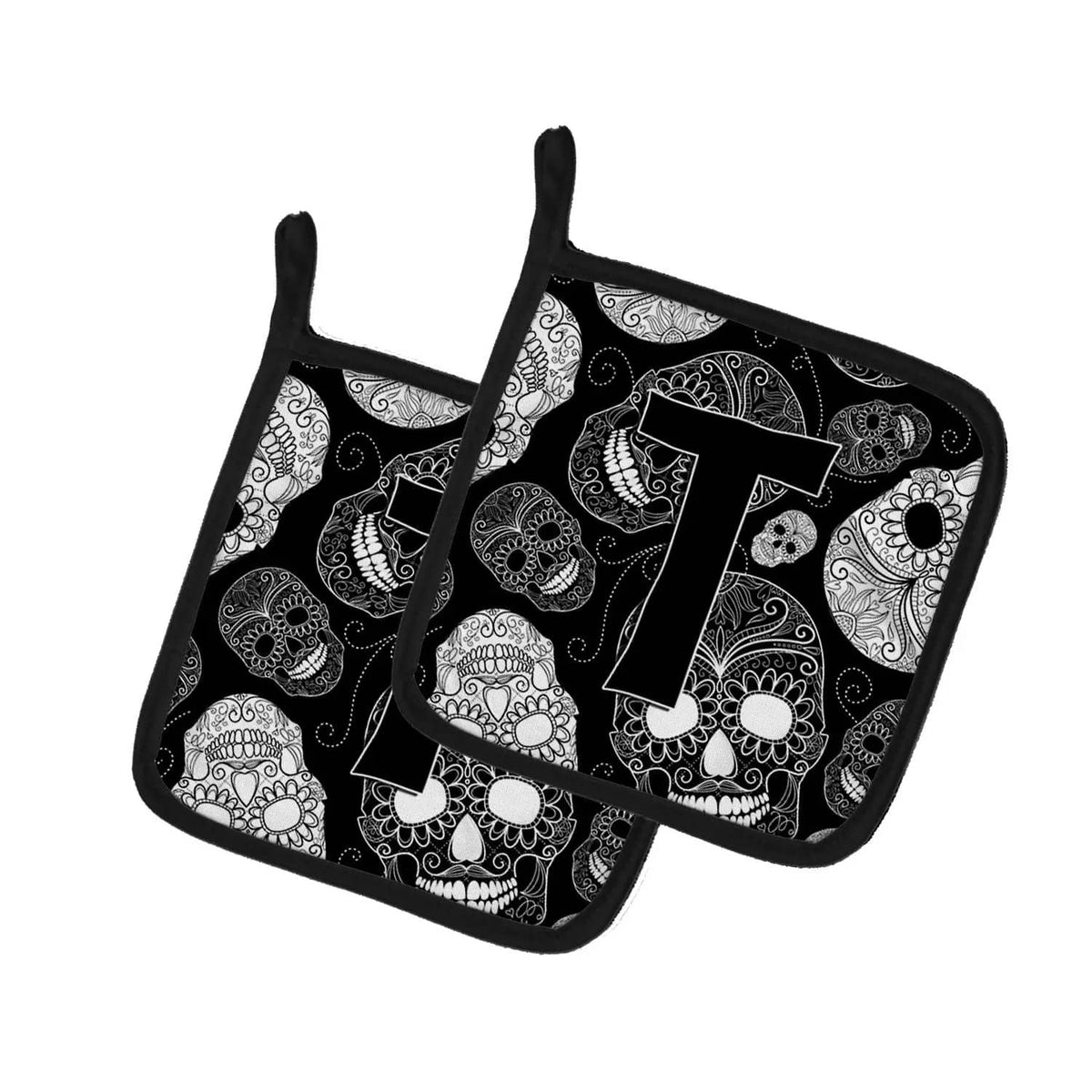 Pot Holder Set of 2 | Heat Resistant Quilted Hot Pads | 7.5 x 7.5 Inch | Letter T Day of the Dead Skulls Black