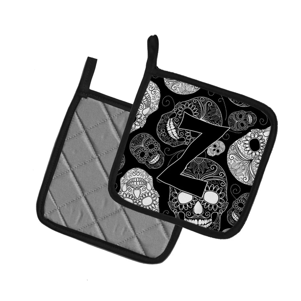 Pot Holder Set of 2 | Heat Resistant Quilted Hot Pads | 7.5 x 7.5 Inch | Letter Z Day of the Dead Skulls Black