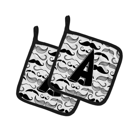 Pot Holder Set of 2 | Heat Resistant Quilted Hot Pads | 7.5 x 7.5 Inch | Letter A Moustache Initial