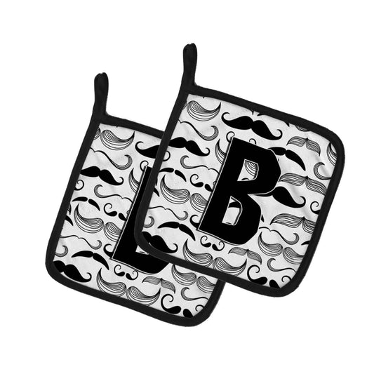 Pot Holder Set of 2 | Heat Resistant Quilted Hot Pads | 7.5 x 7.5 Inch | Letter B Moustache Initial