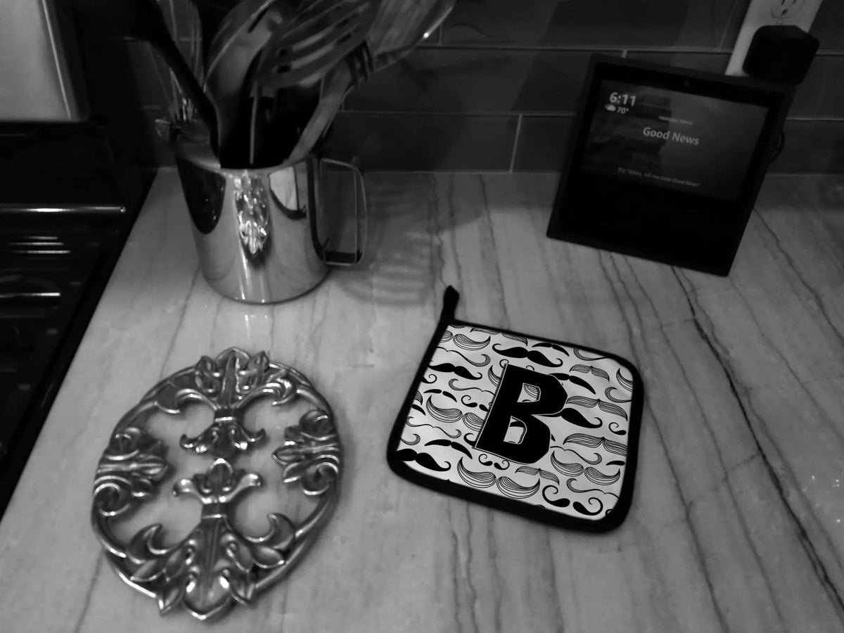 Pot Holder Set of 2 | Heat Resistant Quilted Hot Pads | 7.5 x 7.5 Inch | Letter B Moustache Initial