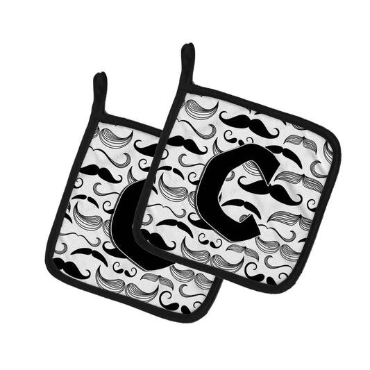Pot Holder Set of 2 | Heat Resistant Quilted Hot Pads | 7.5 x 7.5 Inch | Letter C Moustache Initial