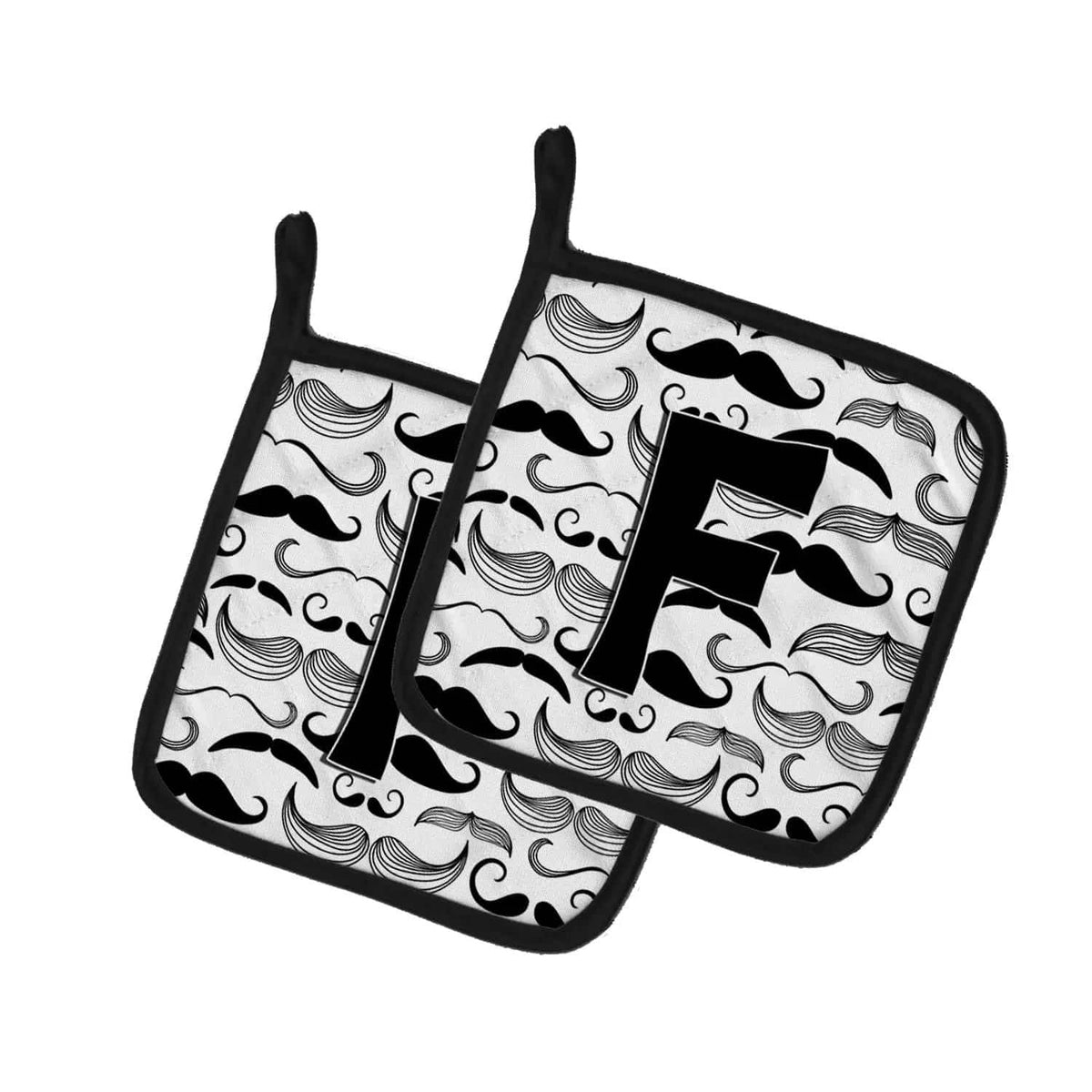 Pot Holder Set of 2 | Heat Resistant Quilted Hot Pads | 7.5 x 7.5 Inch | Letter F Moustache Initial