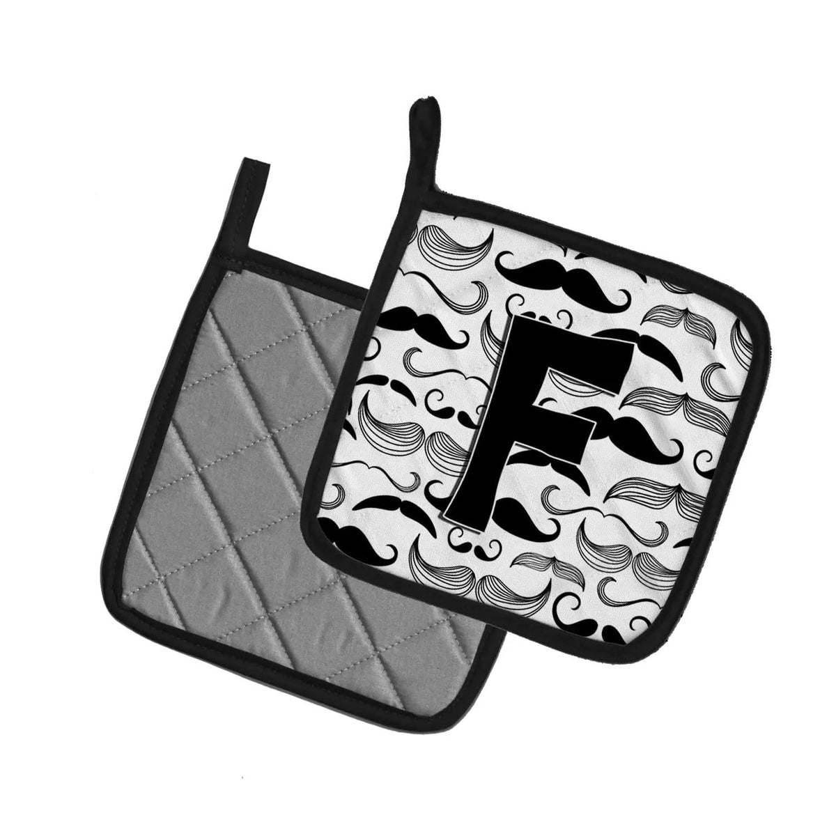 Pot Holder Set of 2 | Heat Resistant Quilted Hot Pads | 7.5 x 7.5 Inch | Letter F Moustache Initial