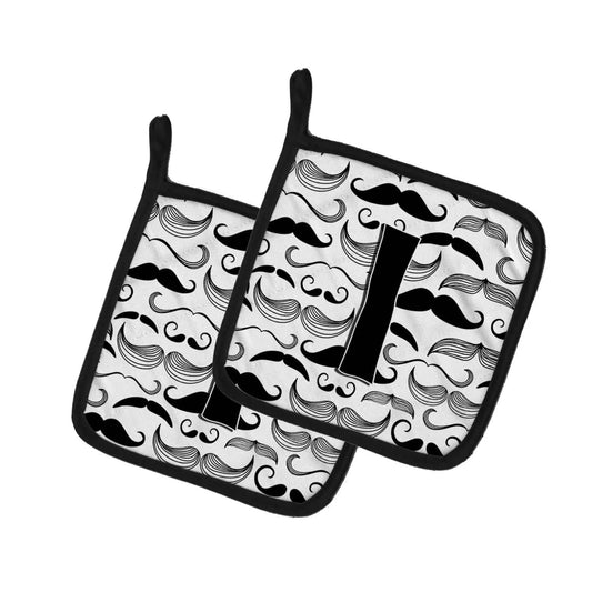 Pot Holder Set of 2 | Heat Resistant Quilted Hot Pads | 7.5 x 7.5 Inch | Letter I Moustache Initial