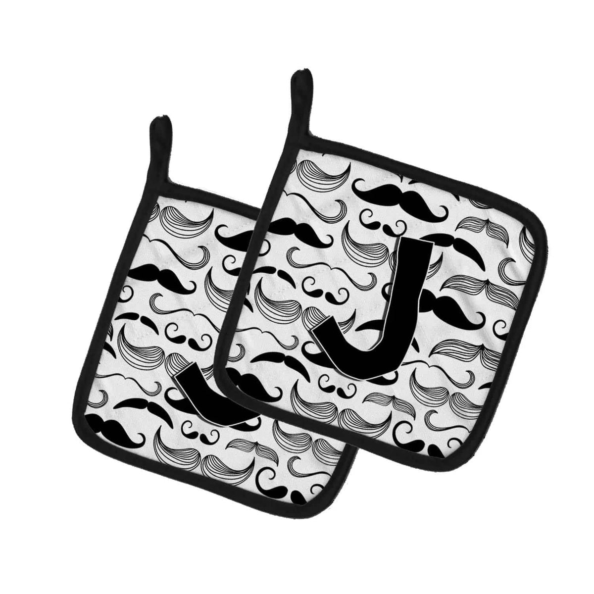 Pot Holder Set of 2 | Heat Resistant Quilted Hot Pads | 7.5 x 7.5 Inch | Letter J Moustache Initial
