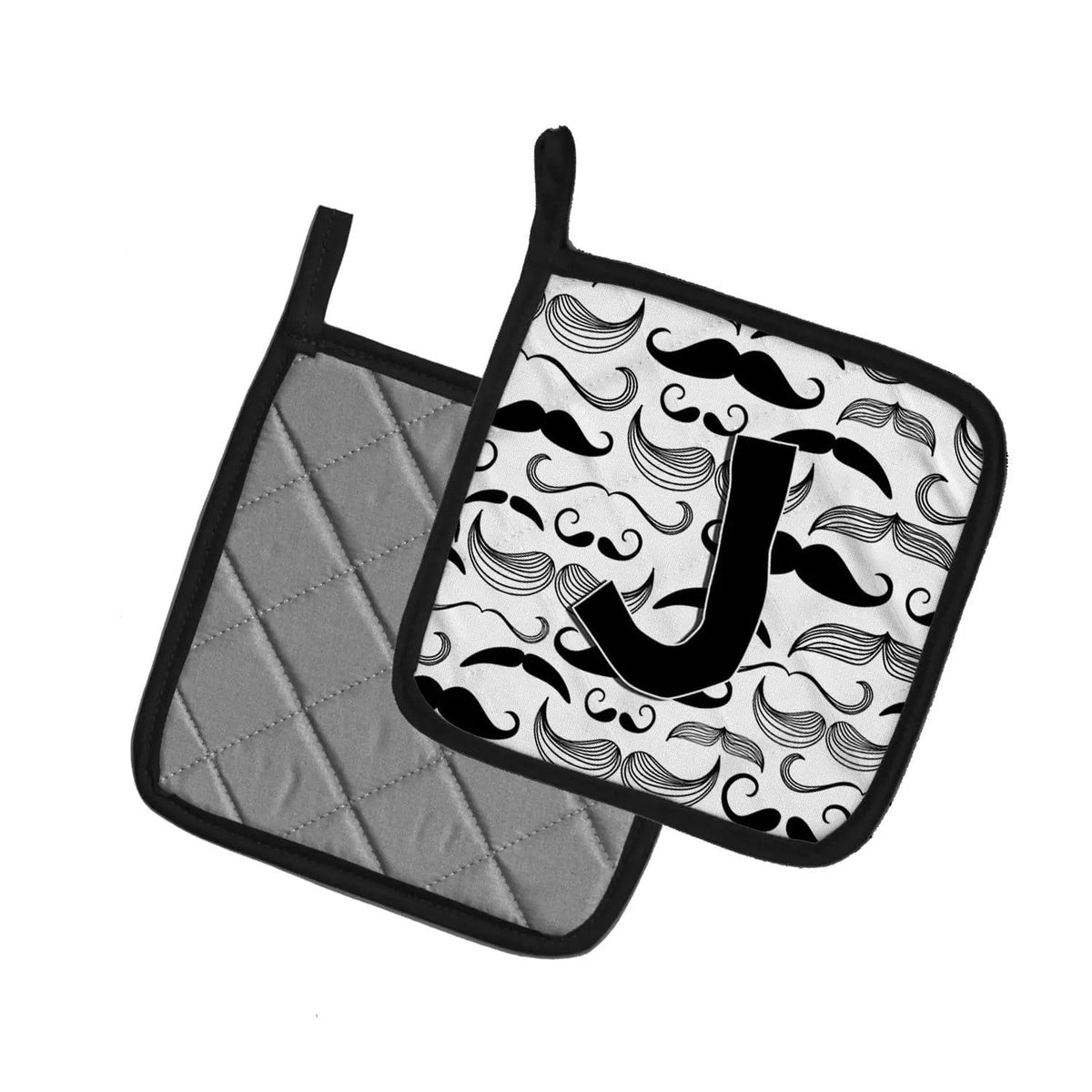 Pot Holder Set of 2 | Heat Resistant Quilted Hot Pads | 7.5 x 7.5 Inch | Letter J Moustache Initial