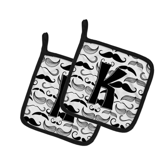 Pot Holder Set of 2 | Heat Resistant Quilted Hot Pads | 7.5 x 7.5 Inch | Letter K Moustache Initial