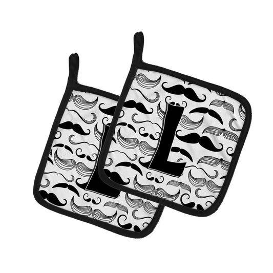 Pot Holder Set of 2 | Heat Resistant Quilted Hot Pads | 7.5 x 7.5 Inch | Letter L Moustache Initial