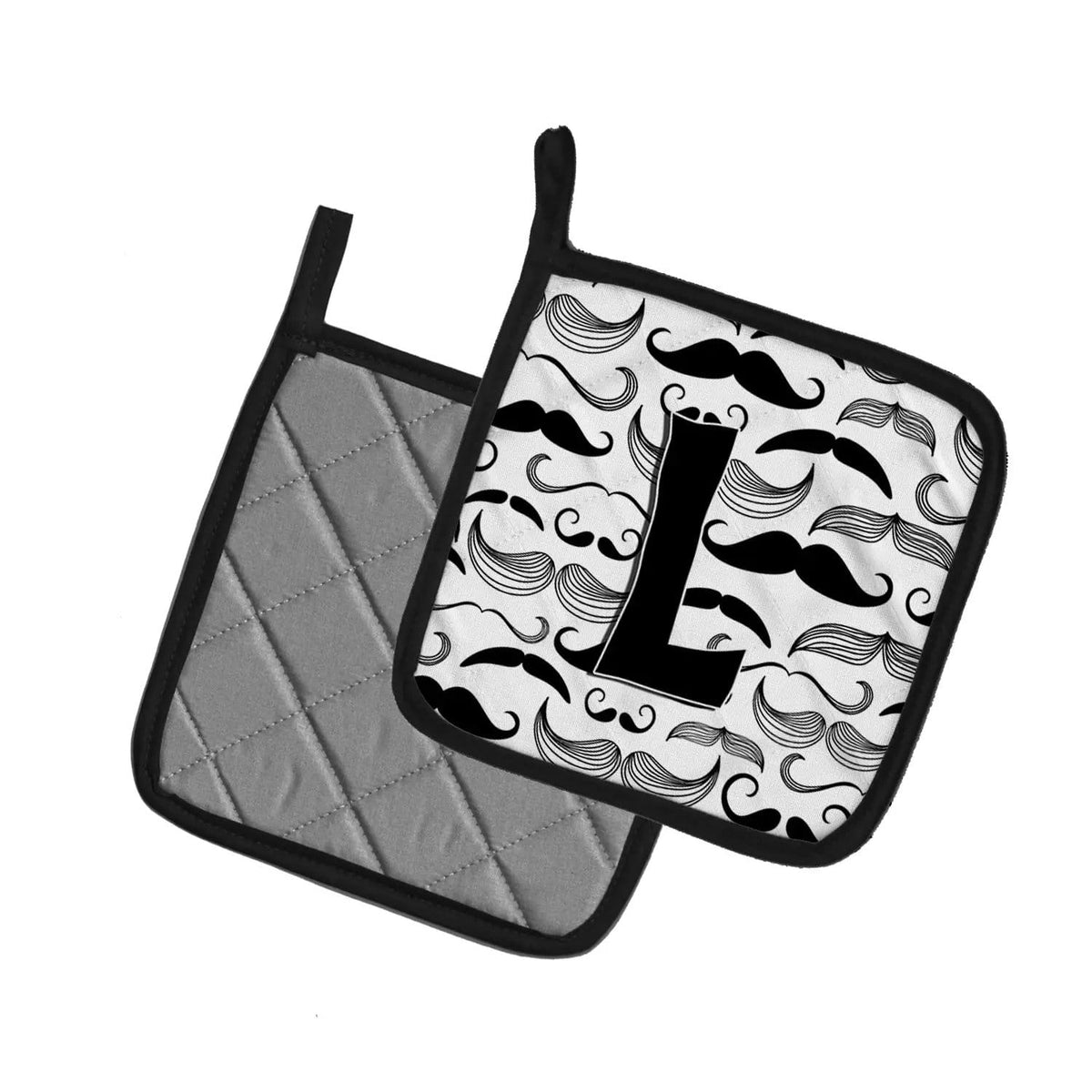 Pot Holder Set of 2 | Heat Resistant Quilted Hot Pads | 7.5 x 7.5 Inch | Letter L Moustache Initial