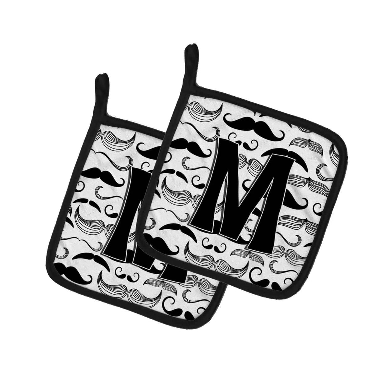 Pot Holder Set of 2 | Heat Resistant Quilted Hot Pads | 7.5 x 7.5 Inch | Letter M Moustache Initial
