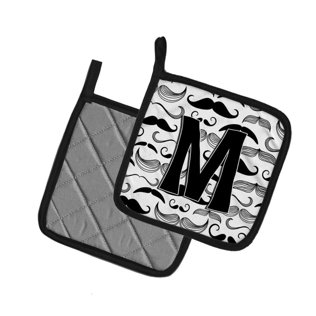 Pot Holder Set of 2 | Heat Resistant Quilted Hot Pads | 7.5 x 7.5 Inch | Letter M Moustache Initial