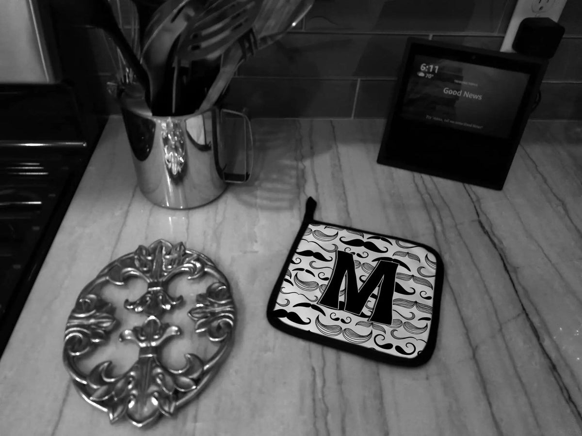Pot Holder Set of 2 | Heat Resistant Quilted Hot Pads | 7.5 x 7.5 Inch | Letter M Moustache Initial