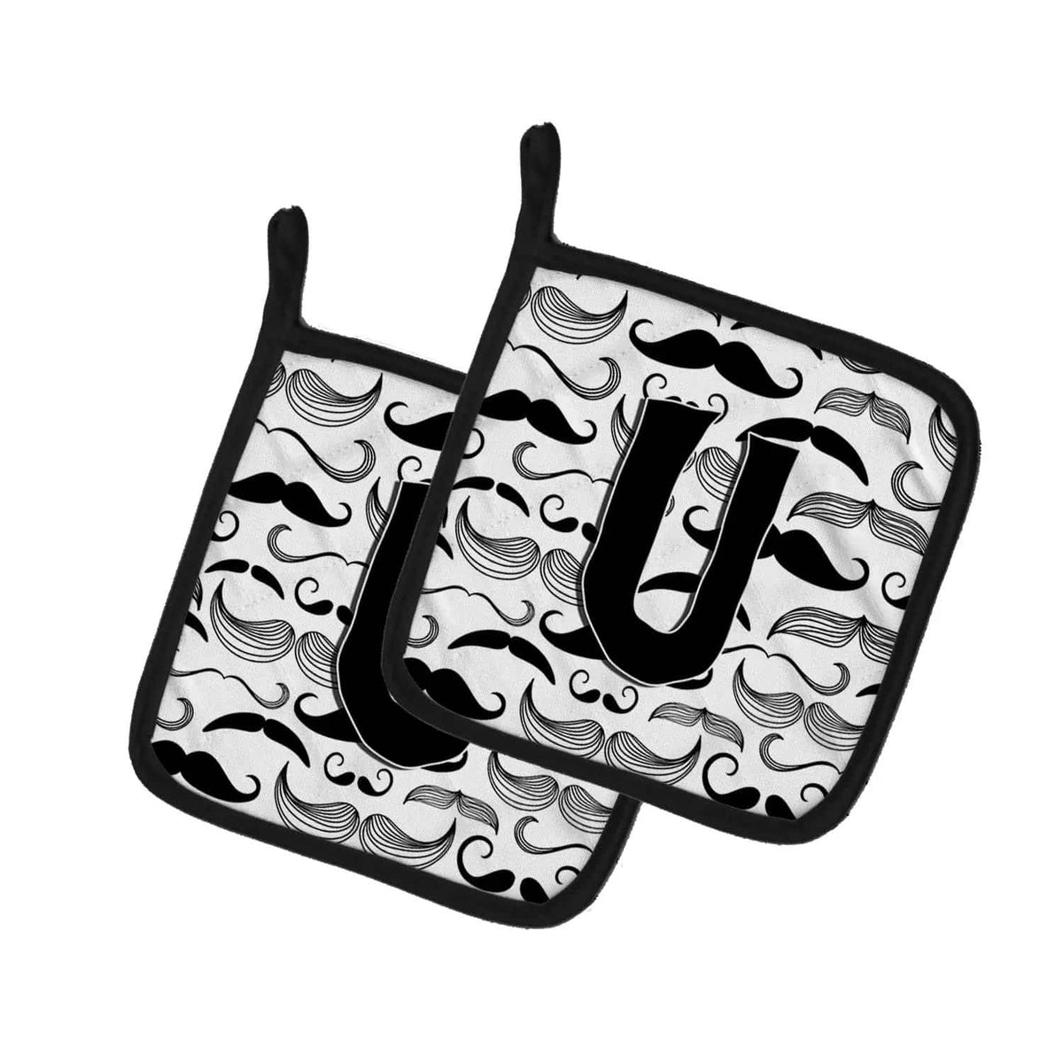 Pot Holder Set of 2 | Heat Resistant Quilted Hot Pads | 7.5 x 7.5 Inch | Letter U Moustache Initial
