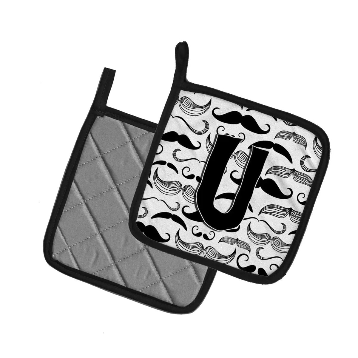 Pot Holder Set of 2 | Heat Resistant Quilted Hot Pads | 7.5 x 7.5 Inch | Letter U Moustache Initial