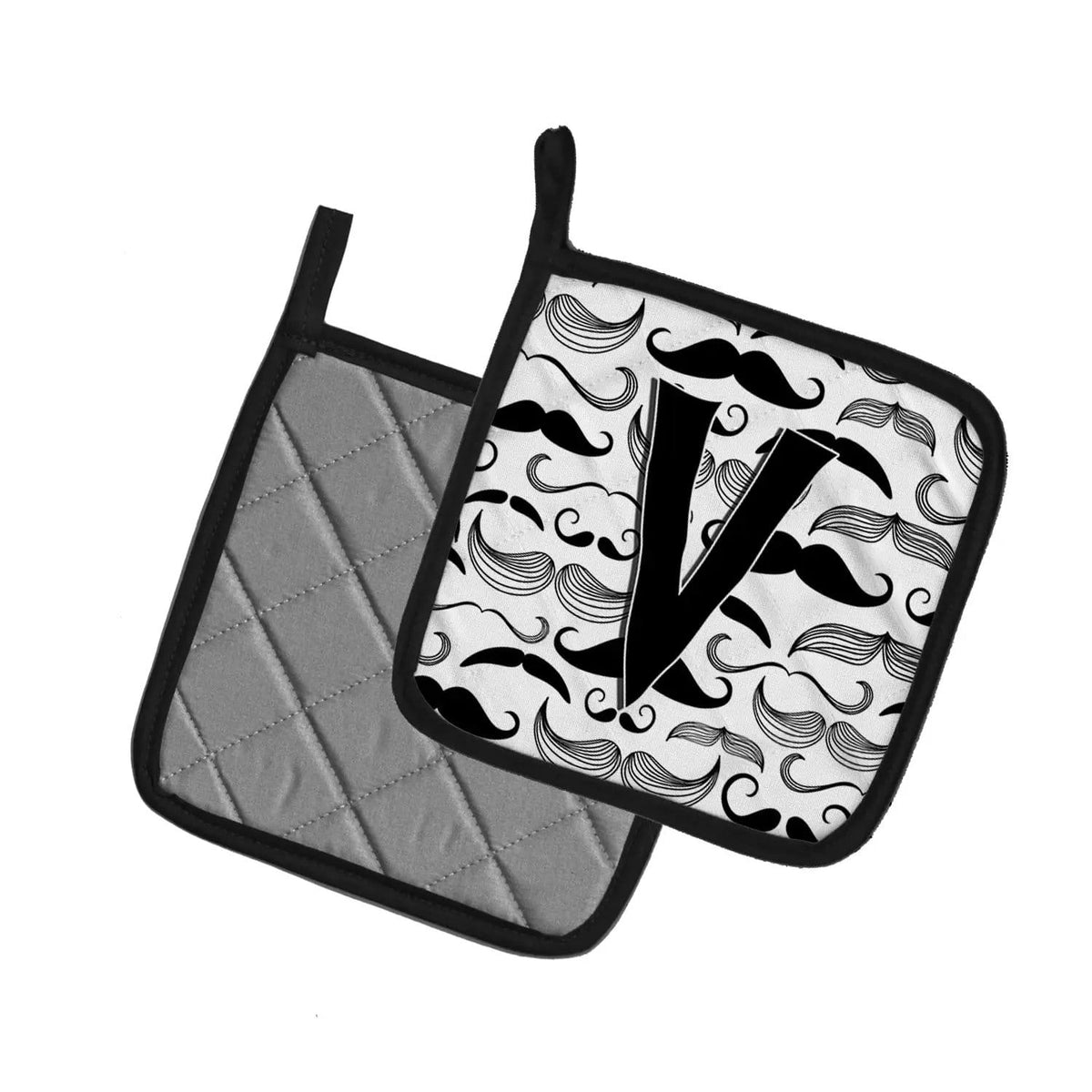 Pot Holder Set of 2 | Heat Resistant Quilted Hot Pads | 7.5 x 7.5 Inch | Letter V Moustache Initial