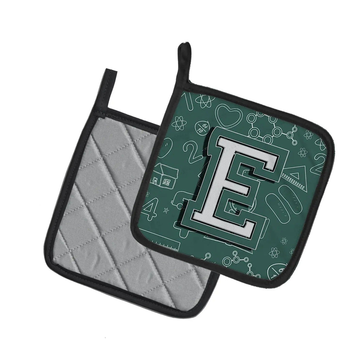 Pot Holder Set of 2 | Heat Resistant Quilted Hot Pads | 7.5 x 7.5 Inch | Letter E Back to School Initial