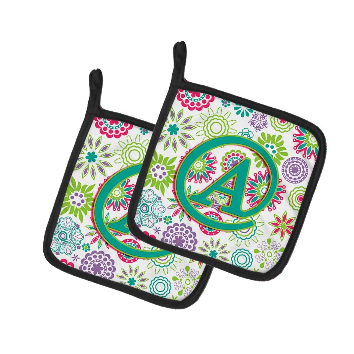 Pot Holder Set of 2 | Heat Resistant Quilted Hot Pads | 7.5 x 7.5 Inch | Letter A Flowers Pink Teal Green Initial
