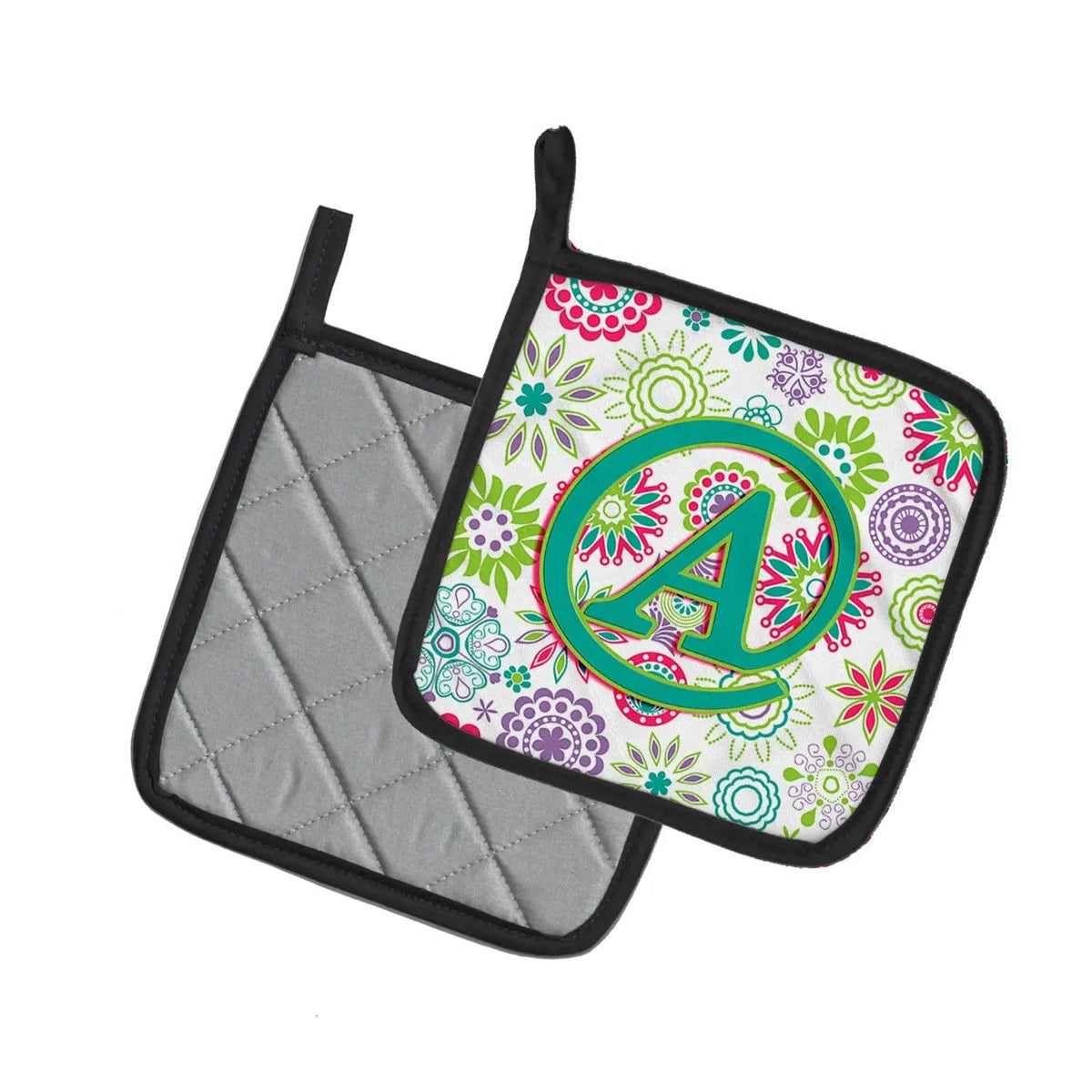 Pot Holder Set of 2 | Heat Resistant Quilted Hot Pads | 7.5 x 7.5 Inch | Letter A Flowers Pink Teal Green Initial