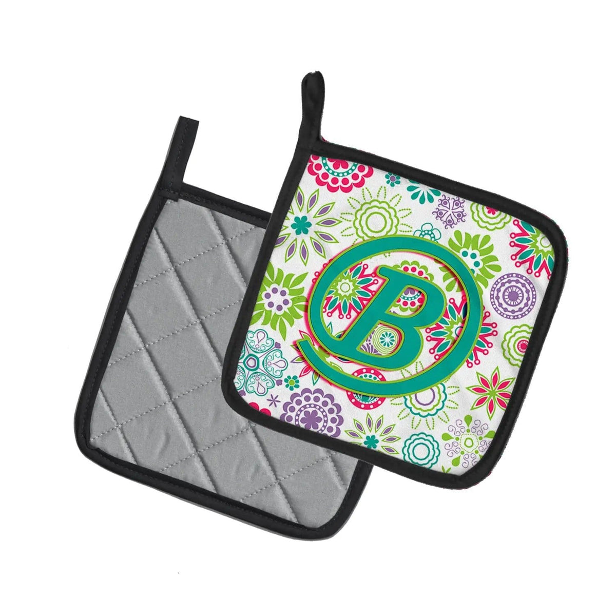 Pot Holder Set of 2 | Heat Resistant Quilted Hot Pads | 7.5 x 7.5 Inch | Letter B Flowers Pink Teal Green Initial