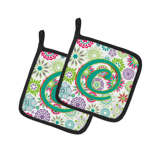 Pot Holder Set of 2 | Heat Resistant Quilted Hot Pads | 7.5 x 7.5 Inch | Letter C Flowers Pink Teal Green Initial