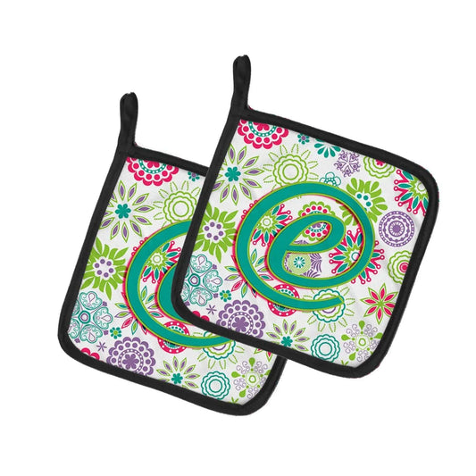 Pot Holder Set of 2 | Heat Resistant Quilted Hot Pads | 7.5 x 7.5 Inch | Letter E Flowers Pink Teal Green Initial